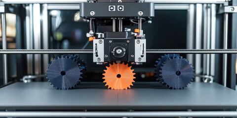 Gantry with x-carriage and print head of an FDM 3D printer produce helical gears. Using 3D printing to produce parts