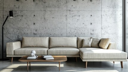 Modern living space highlighted by a beige sofa and a coffee table set against a concrete wall with ample copy space