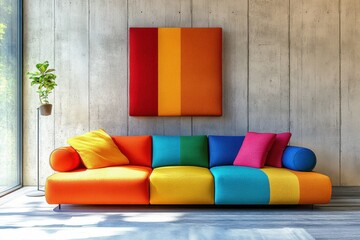 Minimalist Interior Design of Modern Living Room with Vibrant Multicolored Sofa Against Concrete Wall