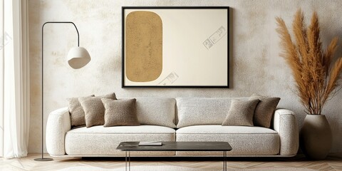 Japandi-Inspired Minimalist Interior Design of a Contemporary Living Room with Boucle Sofa Against Stucco Wall and Abstract Art Frame