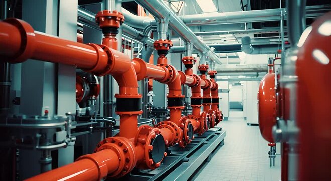Industrial Piping System with Red and Silver Pipes