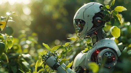 A humanoid robot or cyborg figure immersed in a lush verdant environment of leaves and greenery blending the boundaries between nature and technology in a futuristic