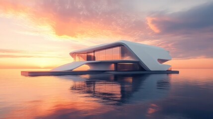 A futuristic, white, modern house with large windows and a curved design, floating on calm water at sunset.