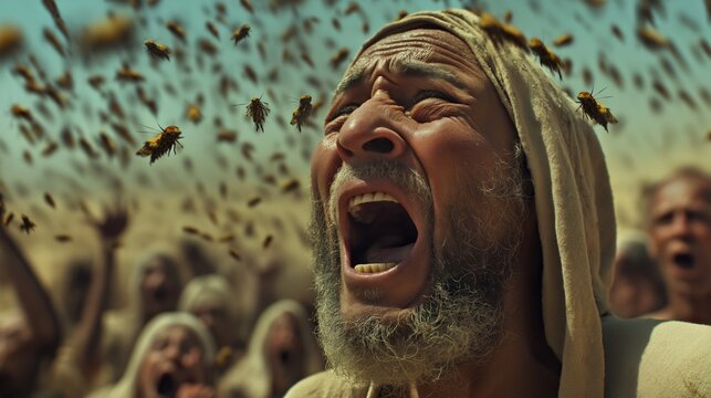 millions of dark skin egyptian people running away in egypt with locust infestation, dramatic, surreal, biblical period, land of egypt