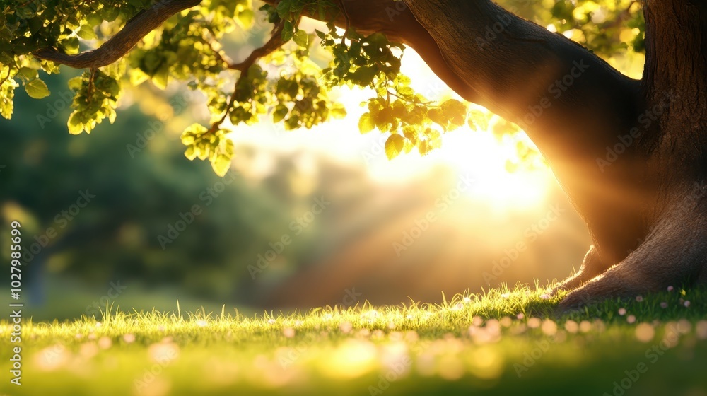 Poster lush green grass and a robust tree stand illuminated as streams of sunlight filter through the branc