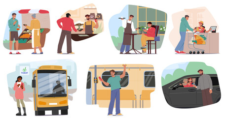 Set of People Using Contactless Payment Methods In Daily Life From Buying Groceries, Dining In A Cafe, Using Transport © Anna Syvak