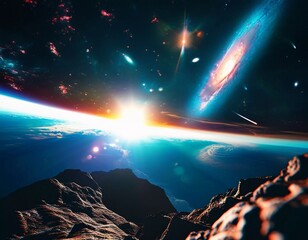 Universe cosmos space and time. Space objects planets stars glows comets nebulae satellites and...