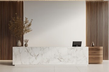 Modern office reception design in a  ratio featuring a white blank wall, marble desk, and wooden details for a luxurious feel