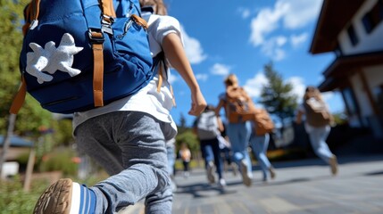 Fototapeta premium A group of children wearing colorful backpacks runs joyfully along a pathway under a clear blue sky, symbolizing freedom, happiness, and the excitement of childhood adventure.