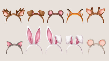 Headband set with cartoon ears and antlers of animals. Funny retro carnival party costume elements collection. Cartoon ears decoration of baby bunny cat dog fox mouse deer vector illustration