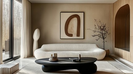 Minimalist modern living room, abstract art on wall, sculptural black coffee table, white textured sofa, neutral color palette, soft natural light, cozy atmosphere, contemporary decor.