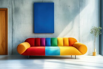 Minimalist Interior Design of Modern Living Room with Vibrant Multicolored Sofa Against Concrete Wall