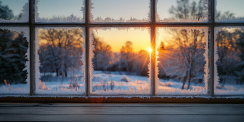Cozy Winter Sunrise Through a Frosted Window &ndash; Peaceful Winter Morning Scene. from windowsill. Marry Christmas and Happy New Year.	

