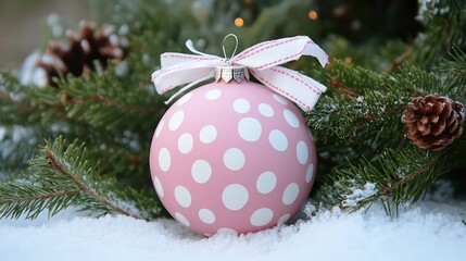 A pink and white polka dot Christmas ornament with a white ribbon sits amongst snow covered pine branches and pine cones.