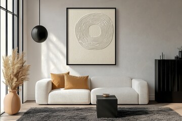 Japandi-Inspired Minimalist Interior Design of a Contemporary Living Room with Boucle Sofa Against Stucco Wall and Abstract Art Frame