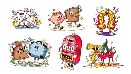 Fototapeta premium Groovy casino win chance and jackpot cartoon characters set. Funny retro slot machine and dices, horseshoe and money bags. Gambling, casino mascots, cartoon stickers of 70s 80s vector illustration