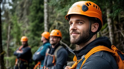 Fototapeta premium A construction worker with a happy demeanor stands in a forest, donning an orange safety helmet and harness, representing safety and confidence in his work environment.