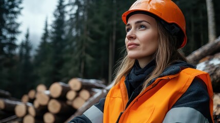 A woman logger clad in orange safety gear stands attentively in a forest, symbolizing focus, precision, and the integration of women in forestry operations.