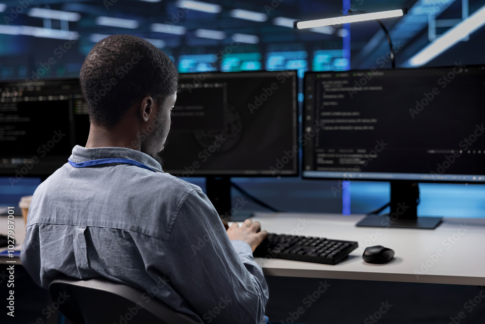 Poster software programmer checking for signs of imminent failure in data center hardware. it specialist wo