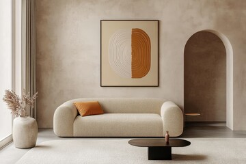 Japandi-Inspired Minimalist Interior Design of a Contemporary Living Room with Boucle Sofa Against Stucco Wall and Abstract Art Frame