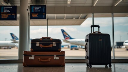 Stack of traveling at air terminal and traveler plane flying vacation abroad luggage bags airport.