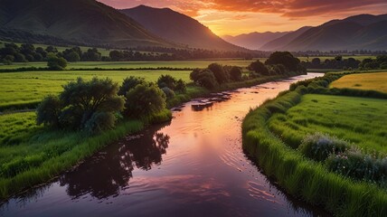 Sunset Reflected on Calm River Flowing Through a Verdant Valley With Lush Green Hills.
