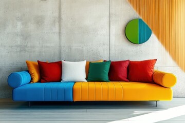 Minimalist Interior Design of Modern Living Room with Vibrant Multicolored Sofa Against Concrete Wall