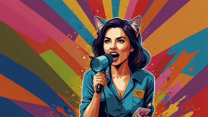 The reporter woman lady announcement megaphone cat ears launch start something new spread the word new news speech broadcast sales poster colorful.