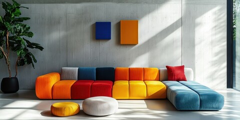 Minimalist Interior Design of Modern Living Room with Vibrant Multicolored Sofa Against Concrete Wall