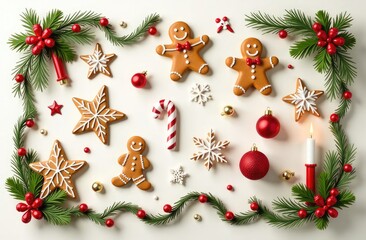 A set of Christmas accessories. Cookies, Christmas balls, fir branches