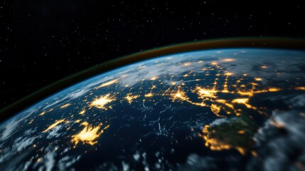 Obraz premium The Earth in a stunning night view with illuminated city lights, representing global interconnectedness and modern civilization under the vast, starry cosmic night sky.