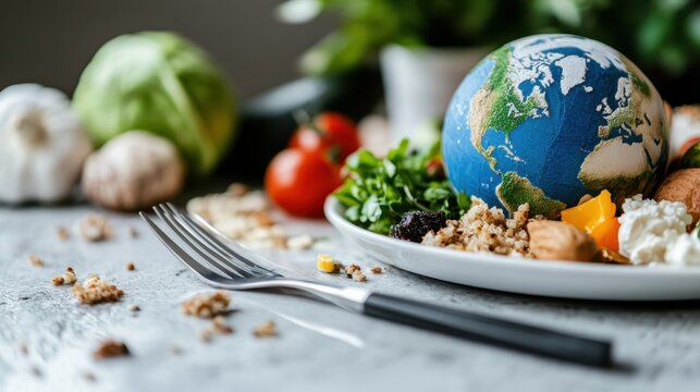 An assortment of colorful global ingredients creatively displayed around a globe, portraying the idea of global cuisine diversity and culinary exploration in vivid detail.