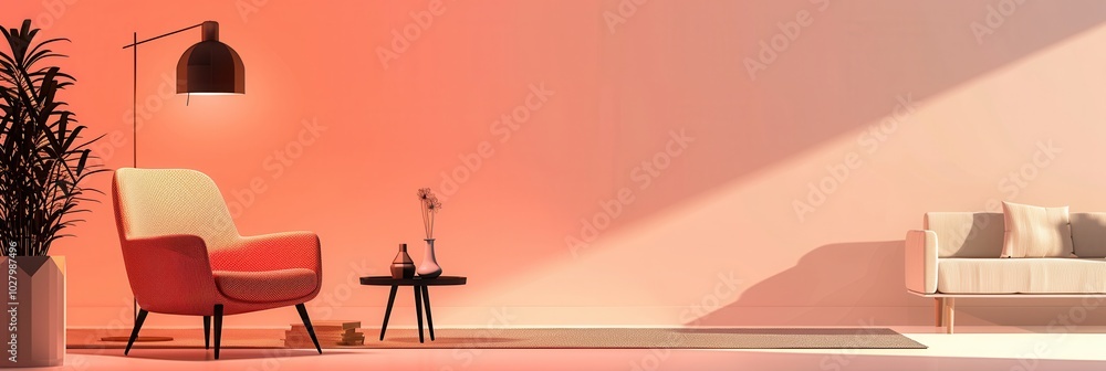 Poster silhouettes of a cozy armchair, elegant table, and contemporary lamp create a tranquil ambiance on a