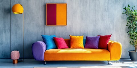 Minimalist Interior Design of Modern Living Room with Vibrant Multicolored Sofa Against Concrete Wall