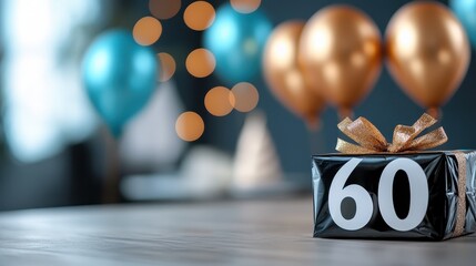 A celebratory scene featuring a beautifully wrapped sixtieth birthday present with golden and blue balloons in the background, evoking a sense of festivity and joy.