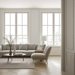 Minimalist living room with natural light and modern furniture