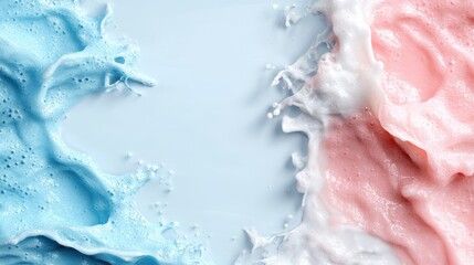 Playful splashes of vibrant blue and pink foam merge together with white bubbles, creating a lively and energetic abstract image of dynamic movement and joy.