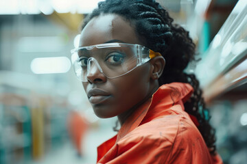 Portrait of a female factory worker wearing safety gear