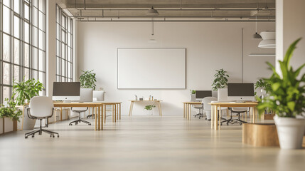 Fototapeta premium Open-Concept Office with Minimal Tech and Modern Design, generative ai