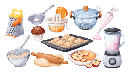 Cooking process, cartoon food preparation set. Making apple pie, cream with piping bag and smoothie in blender, rolling out dough. Pastry recipe, bakery mascot, cartoon cooking vector illustration