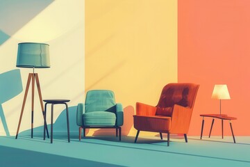 Stylish silhouettes of a chair, armchair, table, and lamp create an inviting atmosphere on a vibrant gradient backdrop. Generative AI