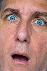 Funny, surprised and weird face expression of a close up man.