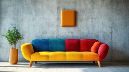 Minimalist Interior Design of Modern Living Room with Vibrant Multicolored Sofa Against Concrete Wall