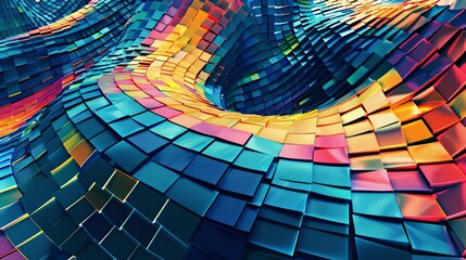 Colorful metallic squares forming a dynamic and modern wave shape