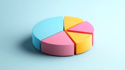 Obraz premium 3D pie chart divided into five sections with different pastel colors light blue, pink, orange, and red on a light blue background.