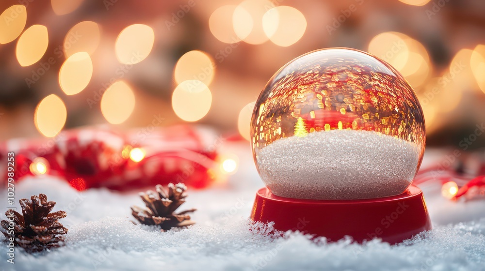 Poster a snow globe with a red base sits on a snowy surface with pine cones and string of christmas lights.