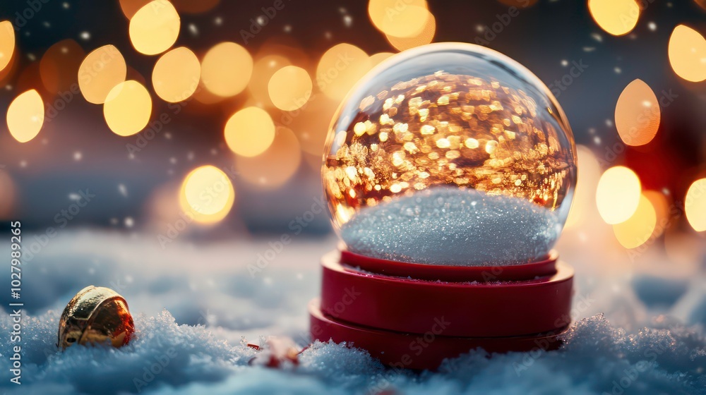 Poster a snow globe with a red base sits on a snowy surface with a golden bell and warm bokeh lights in the