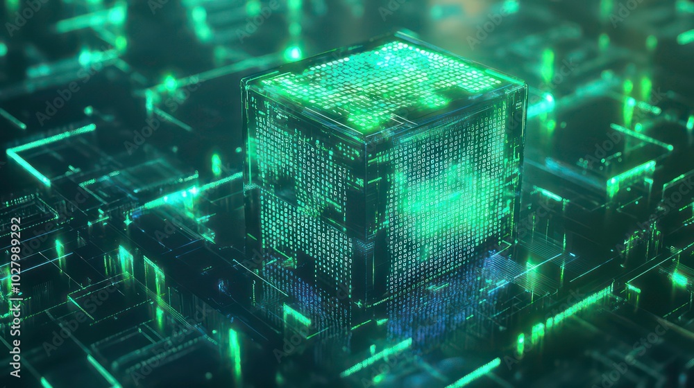 Poster a glowing green cube sits on a network of green circuits, representing technological advancements an