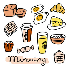 A cheerful morning breakfast spread featuring various foods like eggs, coffee, and pastries, capturing the essence of a bright start to the day