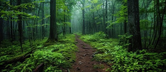 Fototapeta premium Misty forest path winding through a lush verdant landscape of towering trees and vibrant foliage creating a serene enchanting and atmospheric natural setting that invites and discovery